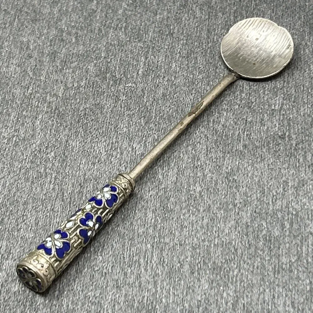 Vintage Cloisonne Enamel Long Handle Spoon Blue Floral Motif 5.25